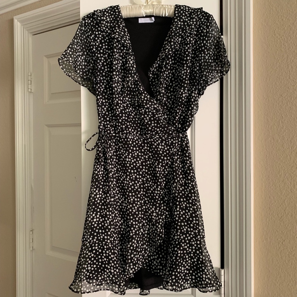 LUSH Black & White Dots Short Sleeve Wrap Dress